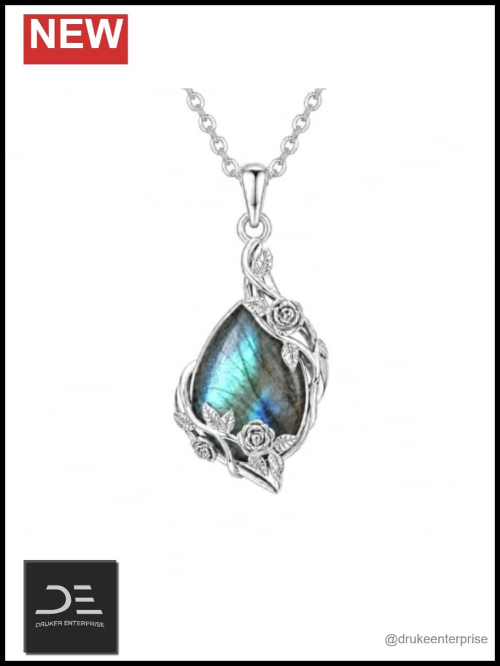 White Gold Plated Labradorite Pearl Teardrop Pendant Necklace